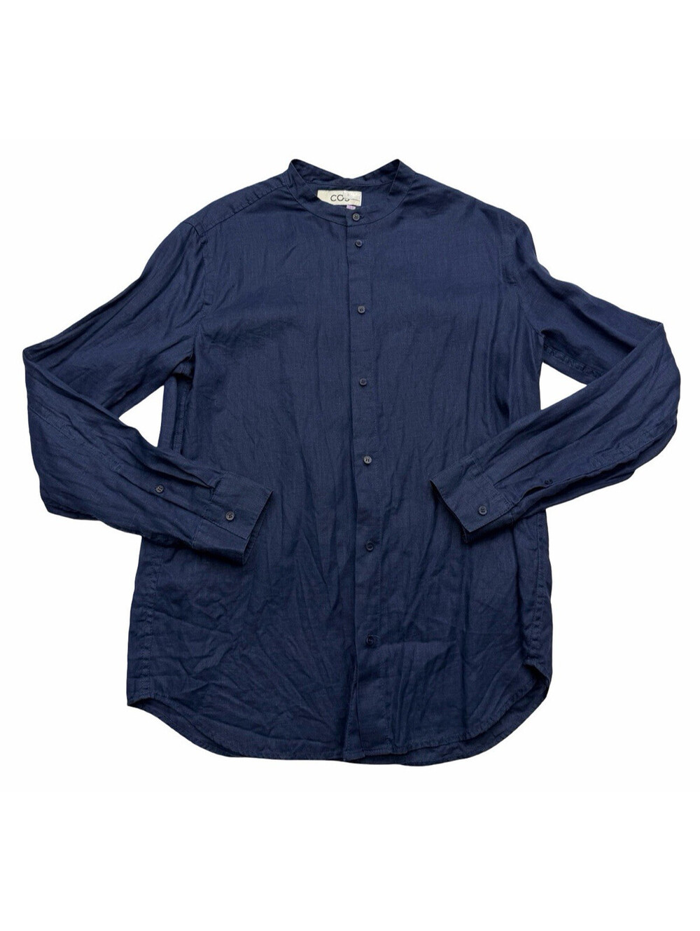 COS Men's Band Collar Regular Fit Linen Button-Up Shirt Dark Navy Size M